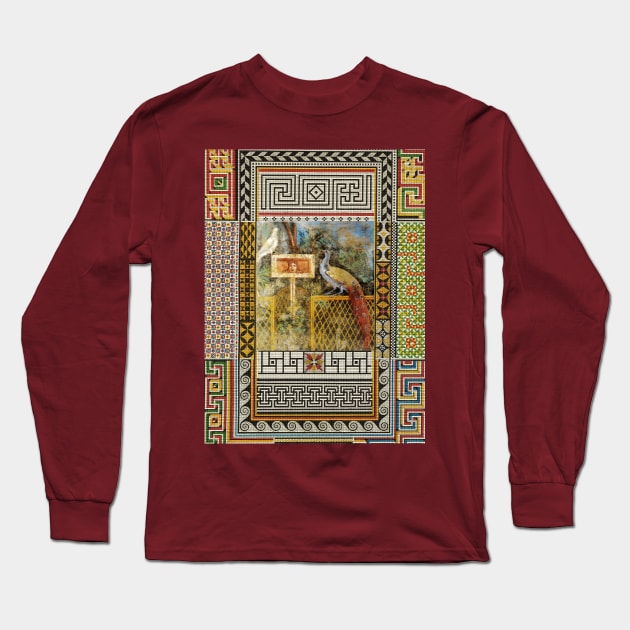 PEACOCK IN THE GARDEN ,ANTIQUE ROMAN FRESCO WITH POMPEII MOSAICS PATCHWORK Long Sleeve T-Shirt by BulganLumini